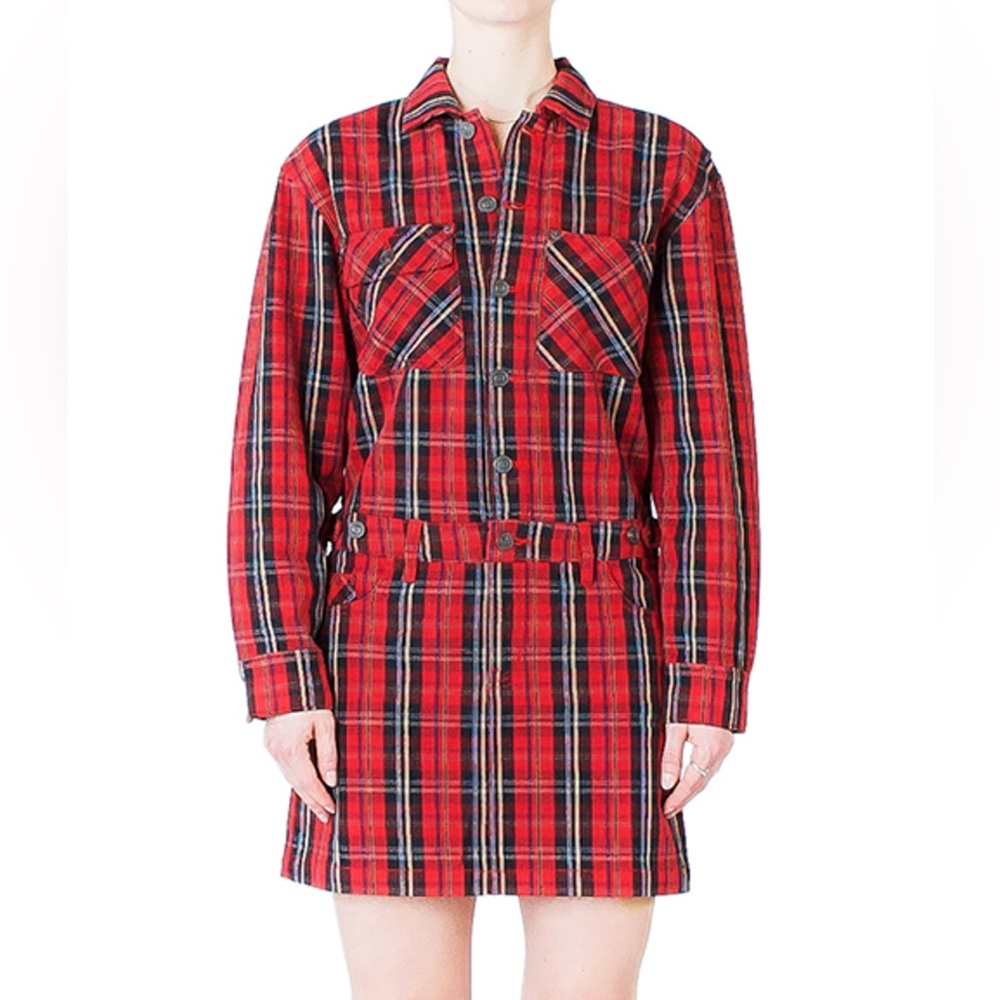 Current/Elliott Red Plaid Tartan Button-Up Cotton Shirt Dress